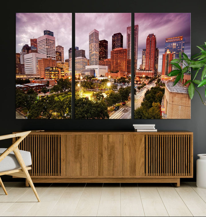 The Houston Wall Art Canvas Print in the living room displays a vibrant city skyline at twilight on museum-quality canvas with UV-protective coating.