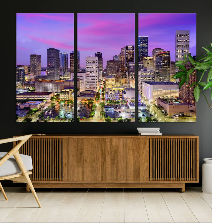 Houston Wall Art Canvas Print showcasing a vibrant cityscape at dusk on museum-quality canvas, expertly crafted by professional craftsmen.