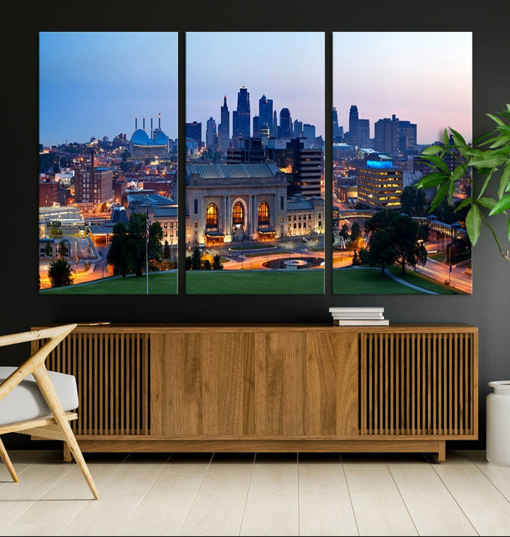 The Kansas City Skyline Canvas Wall Art Print hangs above, showcasing an iconic dusk cityscape with a historic building in the foreground, exuding urban sophistication.