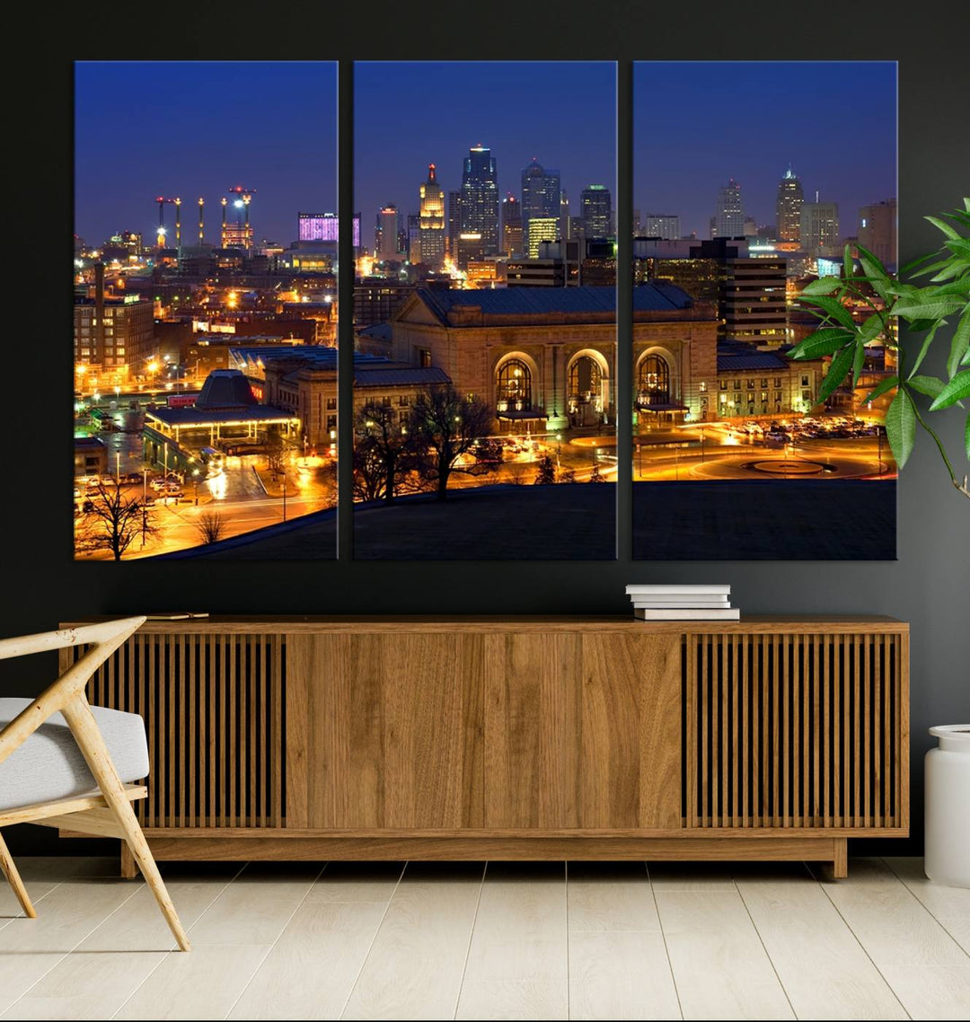 The Kansas City Night Canvas Print Wall Art creates a scene as captivating as museum-quality art, showcasing a city skyline at night with illuminated buildings.