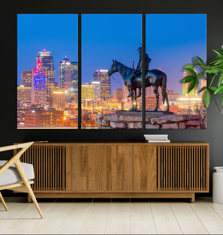 A large Kansas City Night Canvas Print Wall Art adorns the wall, gallery wrapped and finished with a UV-protective coating for lasting vibrancy.