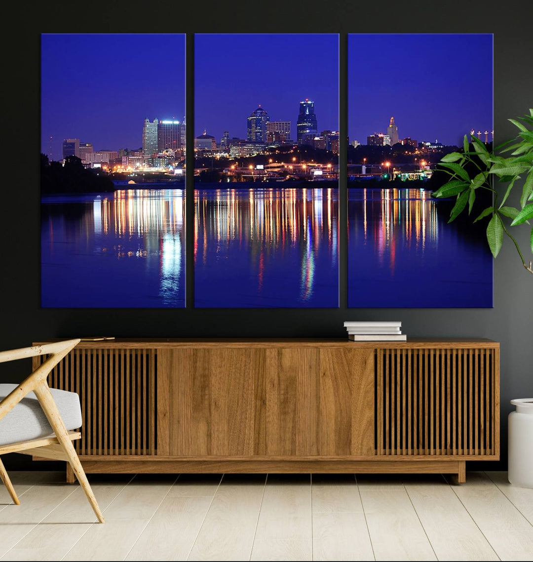 The Kansas City Night Canvas Print Wall Art captures the shimmering city skyline on the calm water, where every detail resembles a museum-quality polycotton masterpiece.