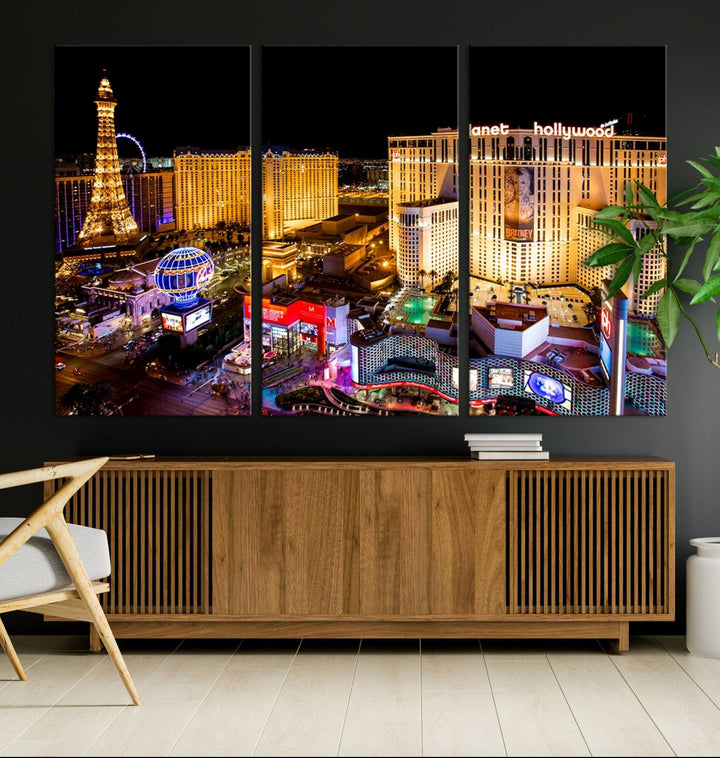 The Las Vegas Wall Art Canvas Print is a triptych set that showcases a stunning night view of Las Vegas. The illuminated buildings and the iconic faux Eiffel Tower add elegance to any space. Each piece comes with a UV-protective coating and is ready to hang, ensuring both style and durability.