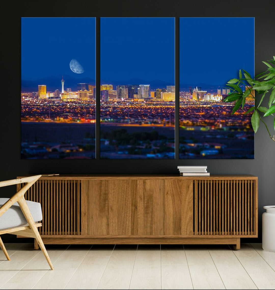 The Las Vegas Wall Art Canvas Print, depicting a city skyline at night, enhances a modern living room with its museum-quality canvas. This triptych comes ready to hang and boasts a UV-protective coating for lasting brilliance.