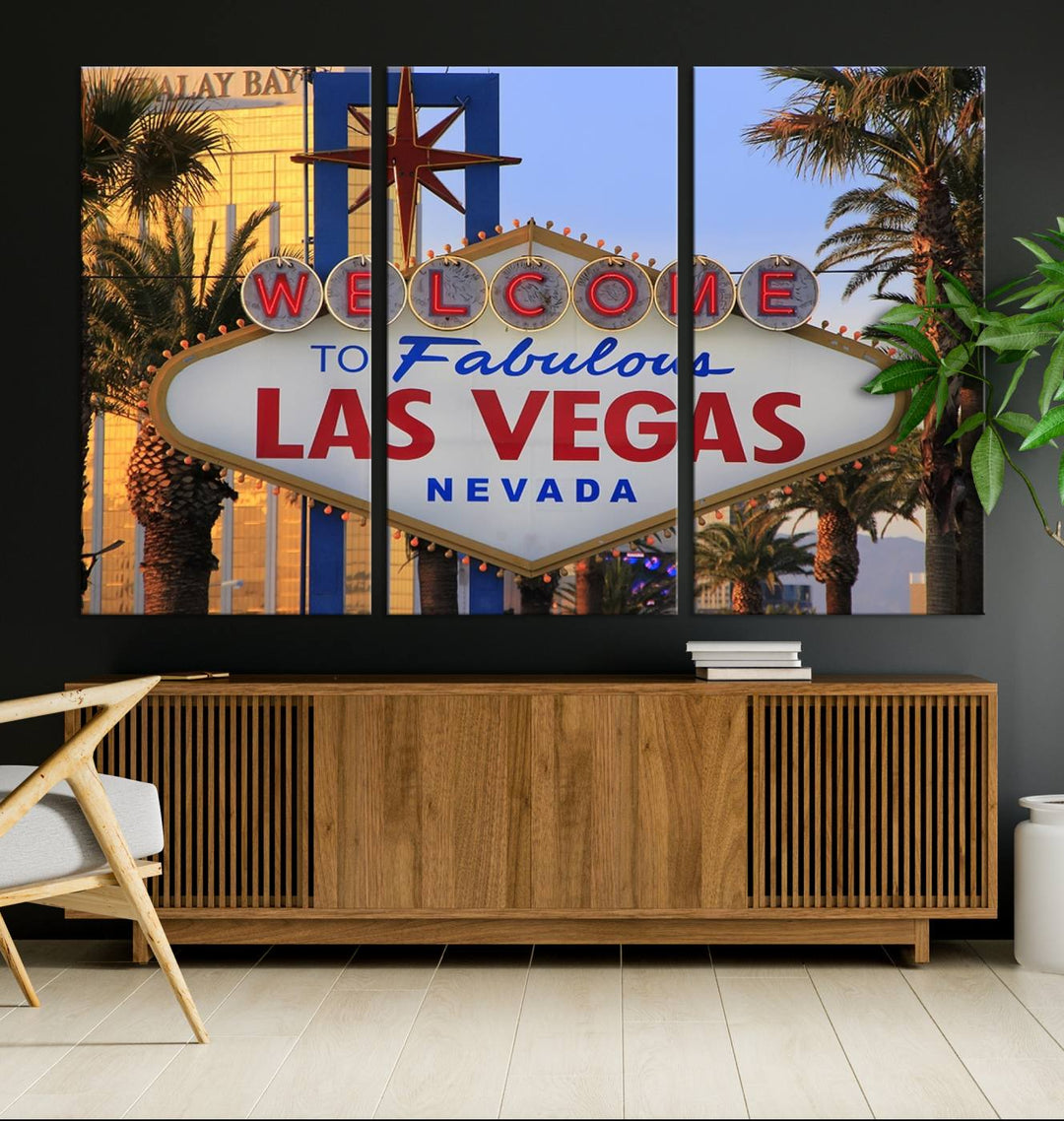 A Las Vegas Wall Art Canvas Print hangs on the wall, showcasing the iconic Welcome to Fabulous Las Vegas, Nevada sign. The museum-quality canvas guarantees vibrant colors with its UV-protective coating and is available with free shipping for added convenience.