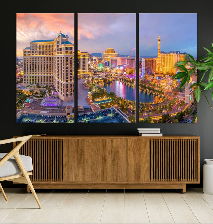 The gallery-wrapped triptych of the Las Vegas Wall Art Canvas Print, depicting the colorful skyline at sunset, adds a vibrant touch to the room. This artwork is crafted on museum-quality canvas and features a UV-protective coating for lasting durability.