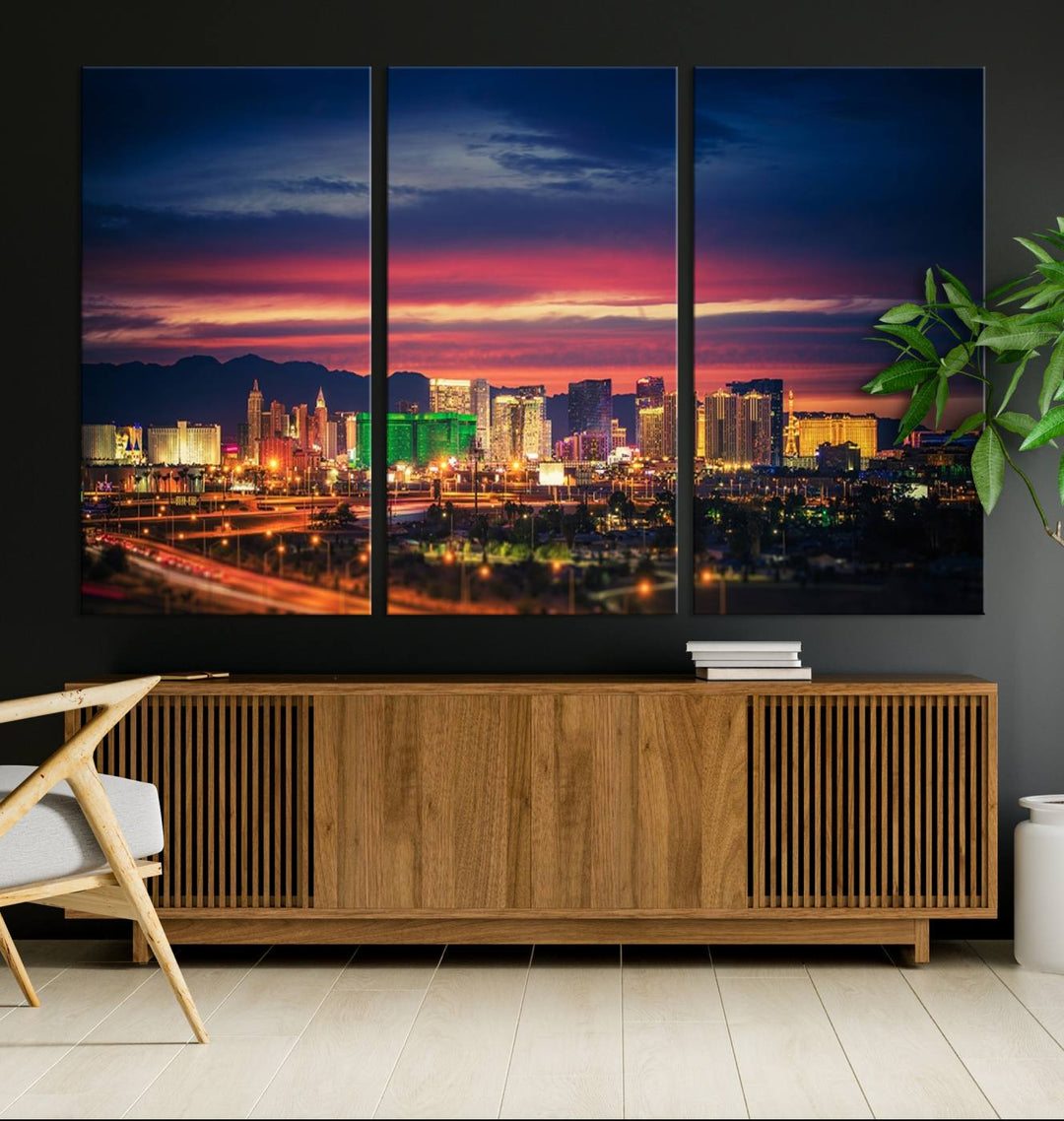 The living room is adorned with the Las Vegas Wall Art Canvas Print, a triptych showcasing a cityscape at sunset. This piece is crafted on museum-quality canvas and protected by a UV-coated finish, highlighting the craftsmanship of a skilled professional.