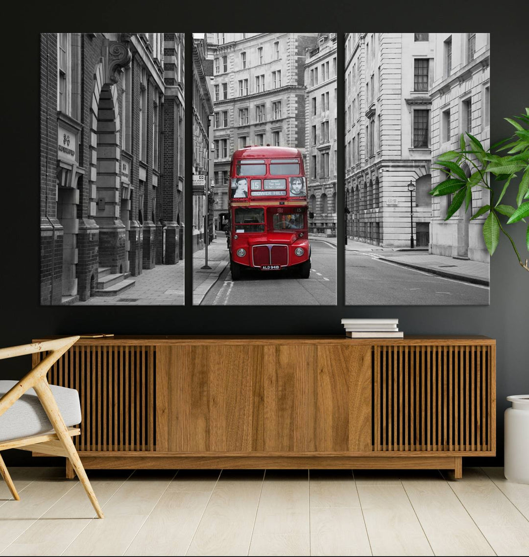 The living room features museum-quality London Red Bus Wall Art, showcasing a split canvas print of a red bus on a black and white city street. This artwork is ready to hang and includes a UV-protective coating to ensure long-lasting vibrance.