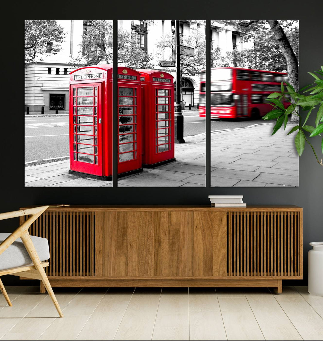 The London Red Bus and Phone Club Wall Art, a vivid night canvas print featuring iconic red buses and phone booths, is elegantly showcased on gallery-wrapped, museum-quality material. With its UV-protective coating, this captivating piece infuses your space with the charm of London.