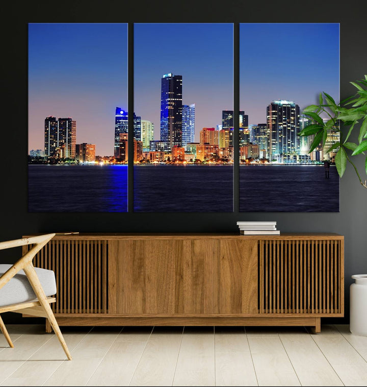 Miami City wall art canvas print showcasing a city skyline at dusk. Crafted on museum-quality canvas and designed to be ready to hang, it offers effortless elegance for your interior decor.