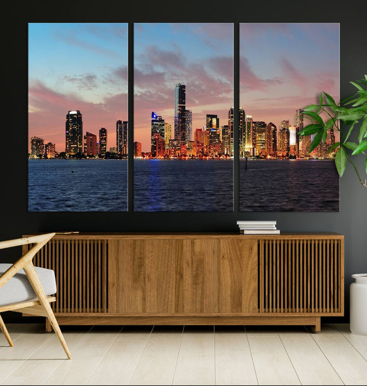 The Wall Art MIAMI Canvas Print emphasizes a vibrant cityscape at sunset. This artwork is presented on museum-quality canvas with gallery-wrapped edges, ensuring it stands out while maintaining its pristine condition for years to come.