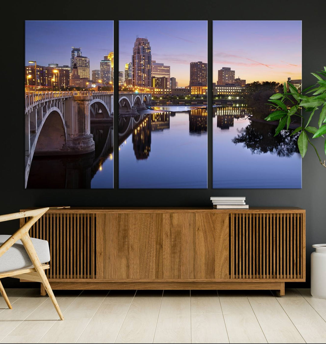 Display the Minneapolis Wall Art Canvas Print, featuring the Minnesota cityscape at dusk, on gallery-wrapped, museum-quality canvas.