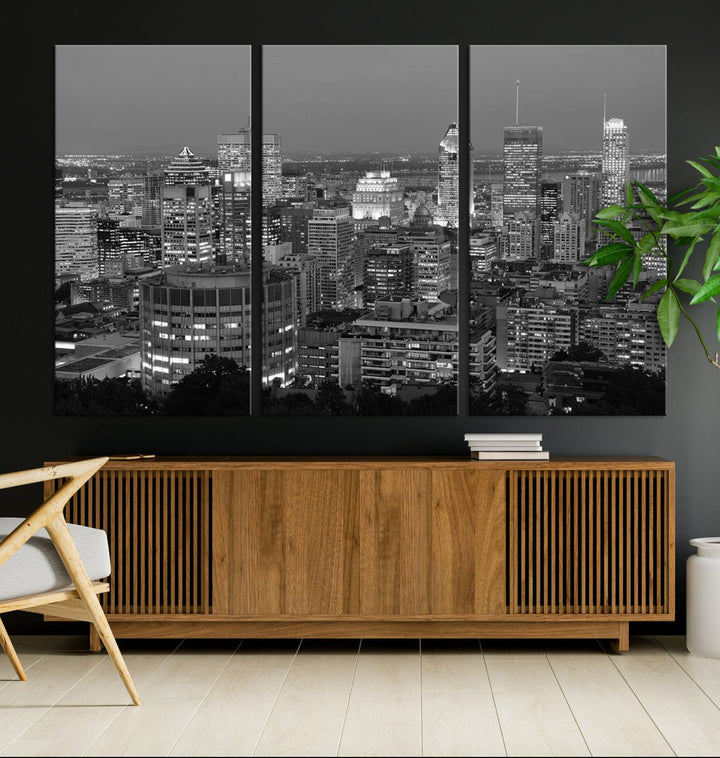 The gallery-wrapped, museum-quality canvas print features the Montreal Canada City Wall Art, showcasing a cityscape at night in black and white.