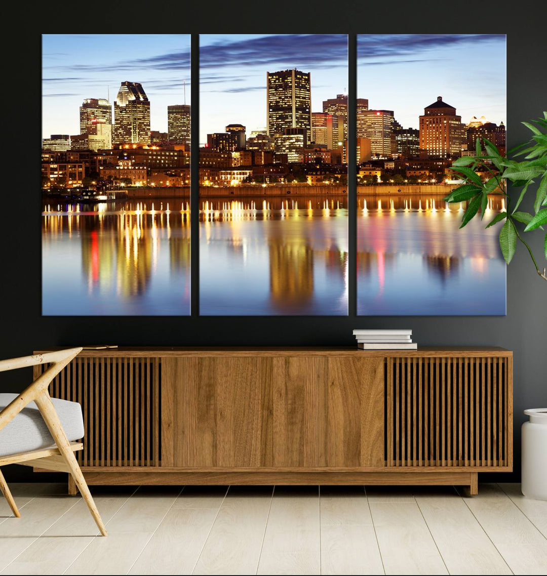 A Montreal Canada City Wall Art Canvas Print, depicting the cityscape at dusk and reflecting in calm waters, is crafted with museum-quality canvases and a UV-protective coating. This remarkable piece guarantees vibrant colors that remain stunning and ready to hang for years to come.