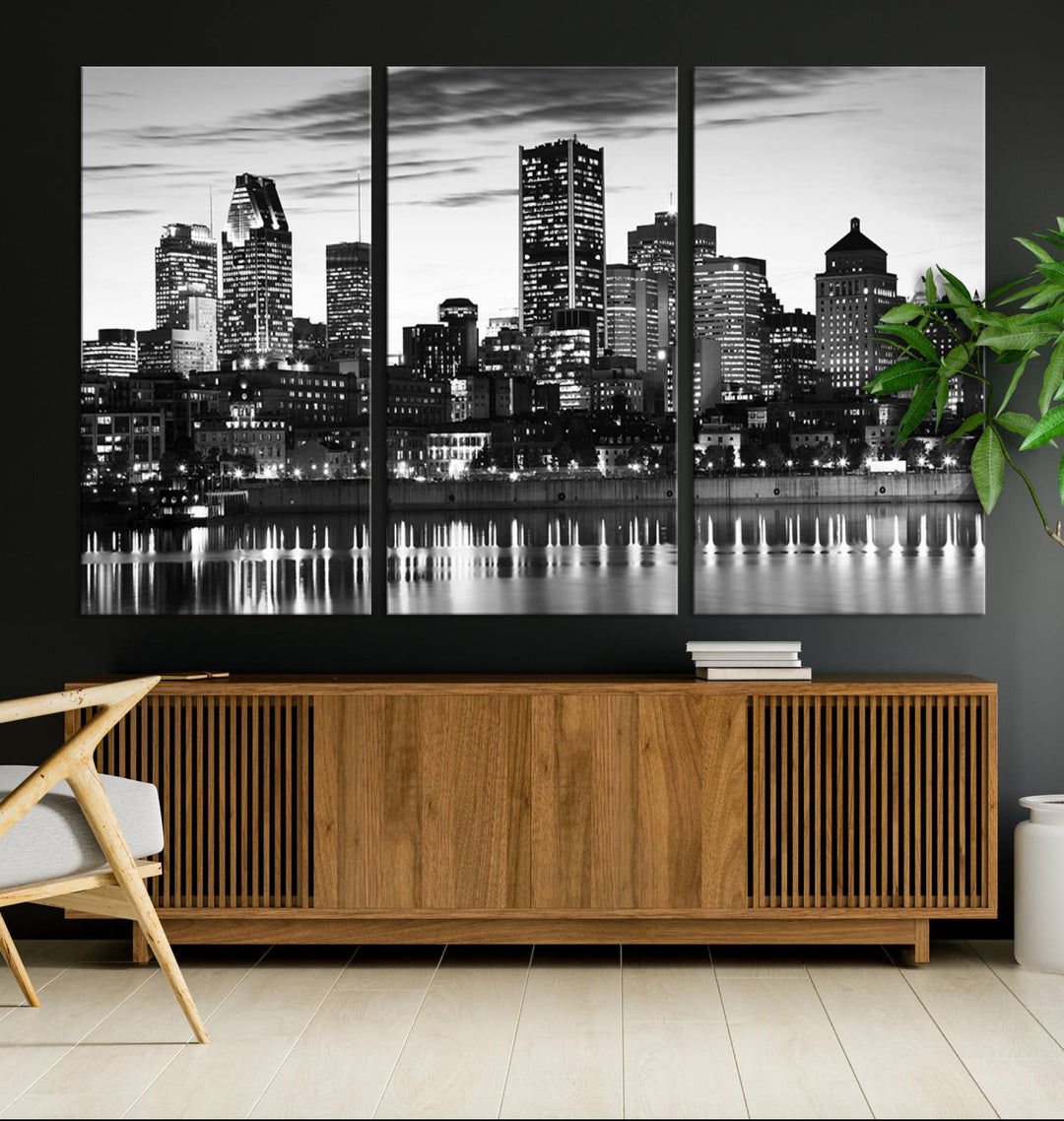 The contemporary living room features the Montreal Canada City Wall Art Canvas Print, an elegantly gallery-wrapped triptych on museum-quality canvas, prominently hung above.