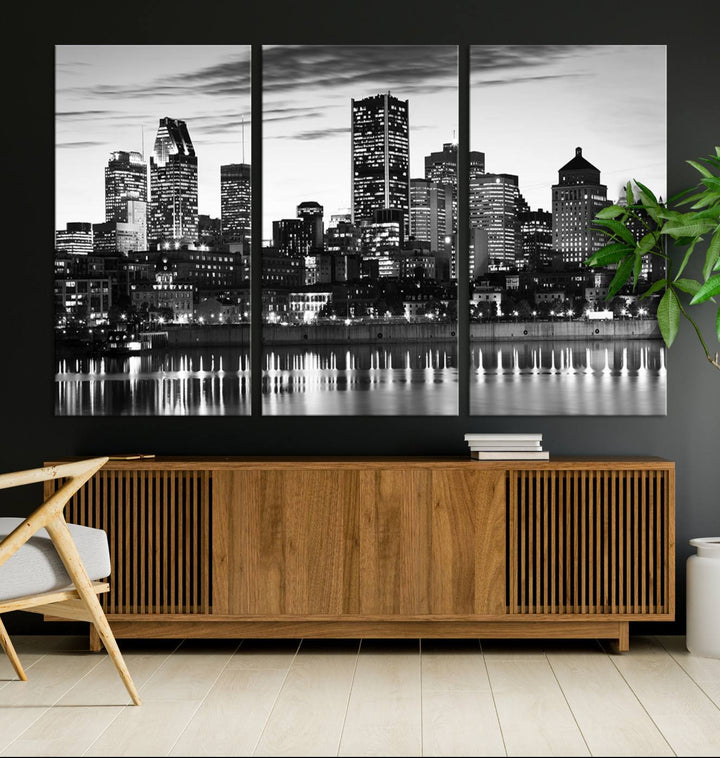 The contemporary living room features the Montreal Canada City Wall Art Canvas Print, an elegantly gallery-wrapped triptych on museum-quality canvas, prominently hung above.