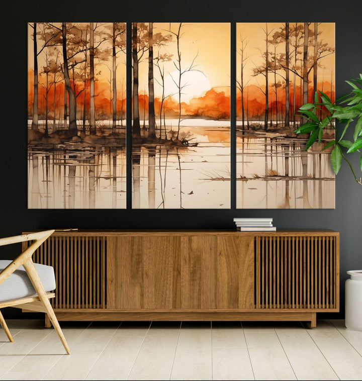 An Abstract Watercolor Trees and Sunset on Lake Wall Art Canvas Print, created on museum-quality canvas.