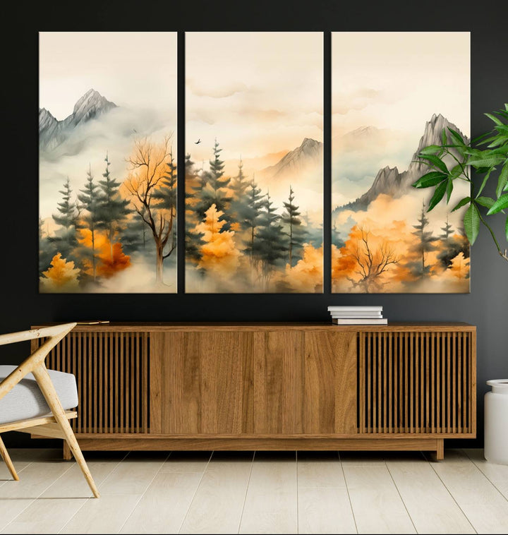 Gallery-wrapped on museum-quality canvas, the Abstract Watercolor Mountains and Trees Autumn painting displays a serene mountain landscape with autumn-colored trees.