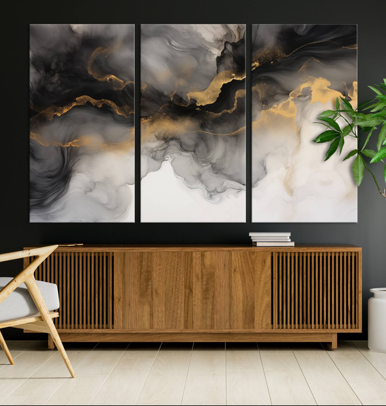 Brown Smoke Art Canvas Print for Living Room Home Decor graces a dark wall.