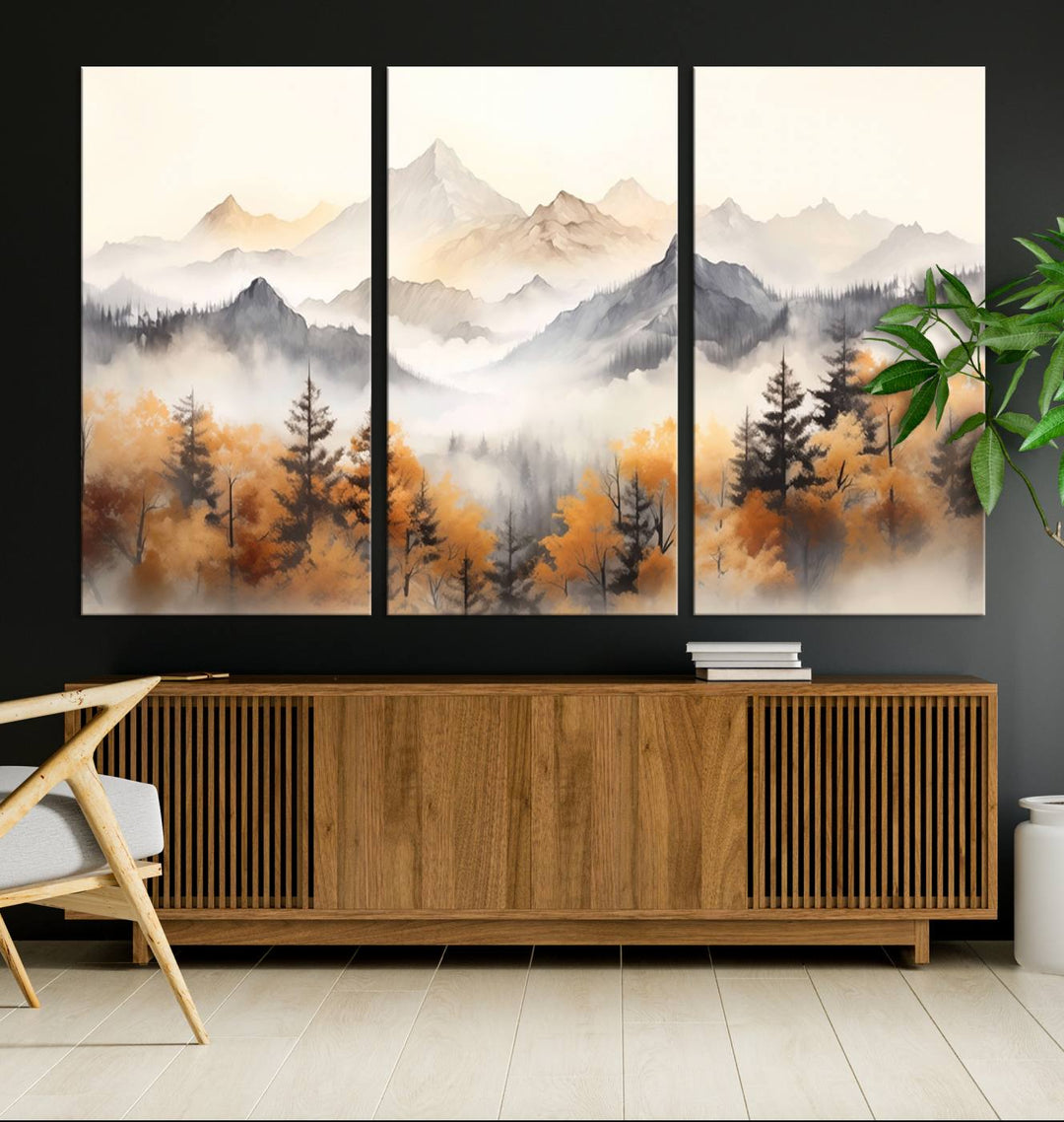 Art mural abstrait aquarelle montagnes et arbres automne