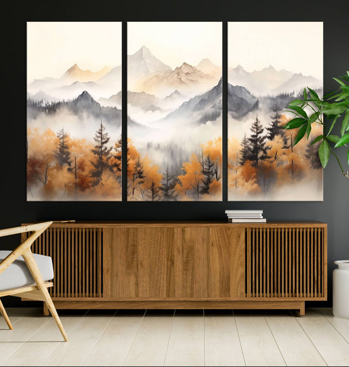 Impresión en lienzo de arte de pared minimalista de otoño de montañas y árboles de acuarela abstracta para decoración moderna del hogar, oficina, sala de estar y comedor