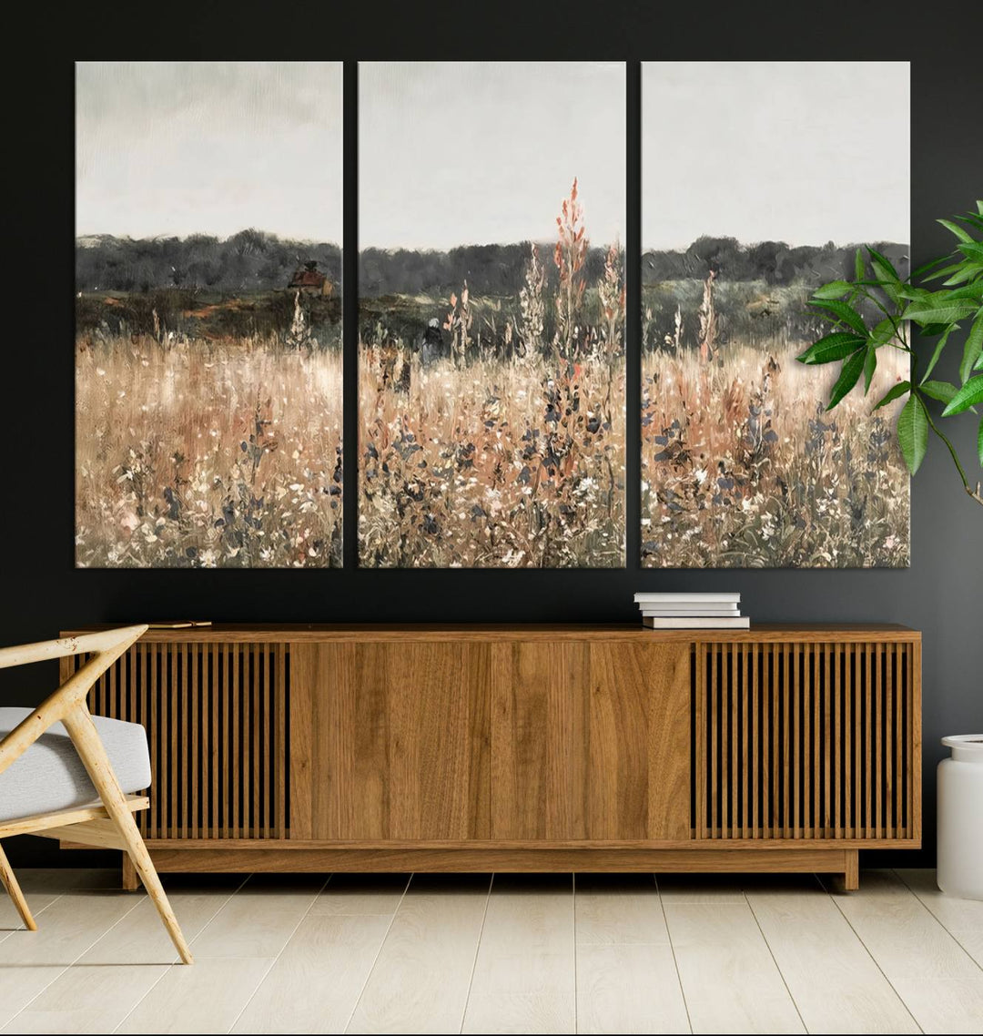 Abstract Wildflower Field Landscape Oil Painting Print, Country Field Wall Art - Framed Ready to Hang