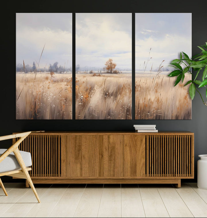 The modern living room features the Golden Fields Canvas Wall Art Print – Serene Landscape of Nature’s Tranquility in Minimalist for Farmhouse Decor, showcasing serene golden fields that enhance the calming ambiance.