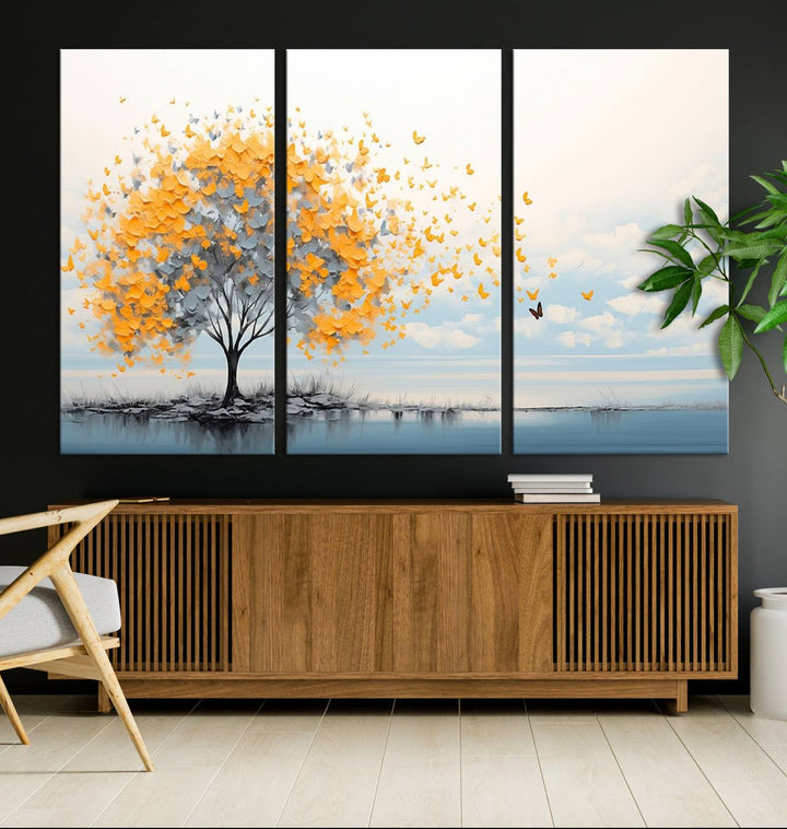 A Butterfly Tree Wall Art Canvas, featuring a modern tree adorned with yellow butterflies, decorates the wall.