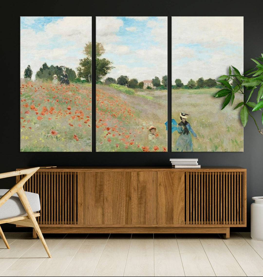 The Claude Monet The Poppy Field Canvas Print features a scene of a serene meadow with blooming flowers and a woman and child. It is printed on museum-quality canvas with UV-protective coating.