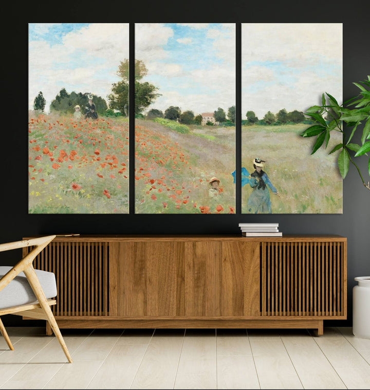 The Claude Monet The Poppy Field Canvas Print features a scene of a serene meadow with blooming flowers and a woman and child. It is printed on museum-quality canvas with UV-protective coating.