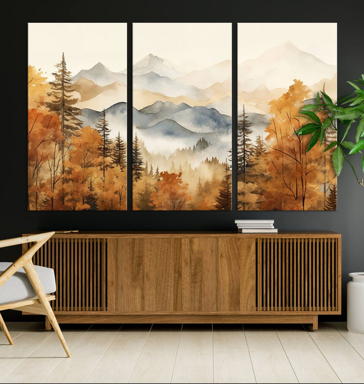 Abstract Mountain Mist Canvas Wall Art – Tranquil Autumn Forest and Misty Peaks - Ready to Hang