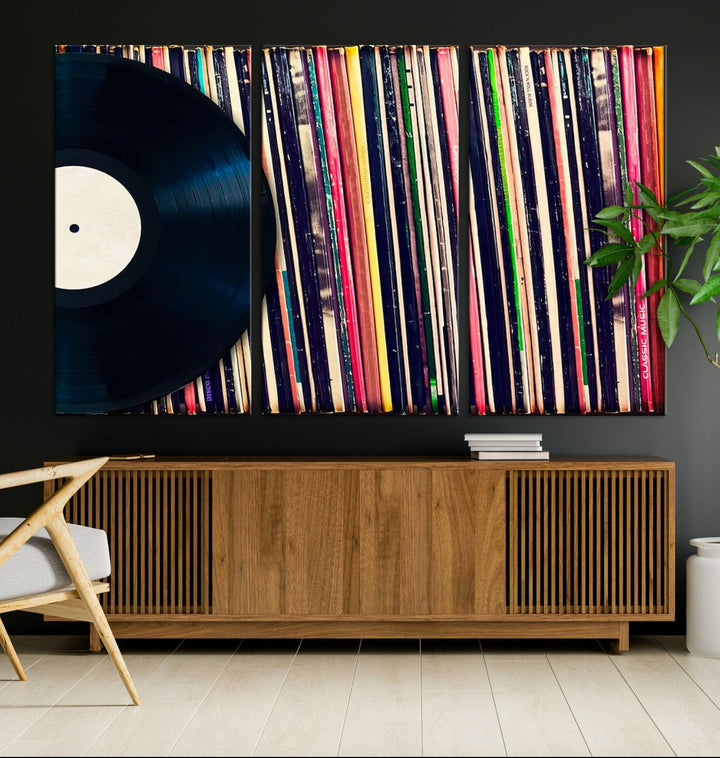 The room showcases the "Vinyl Record and Album Collection Canvas Wall Art," a perfect retro music decor piece for vintage vinyl lovers.