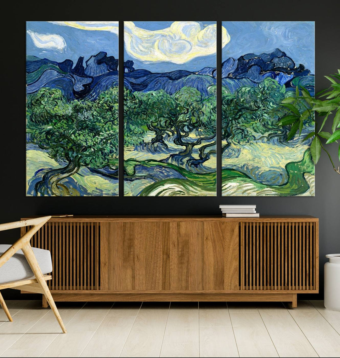 The Olive Trees Van Gogh Wall Art Canvas Print enhances the living room with its vivid landscape on museum-quality canvas, complete with a UV-protective coating.