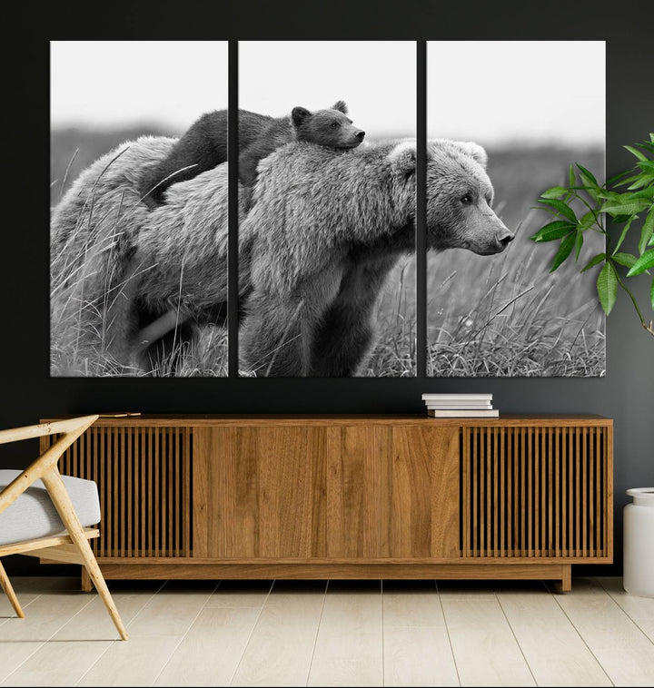 Baby Bear and Mom Bear Family Black & White Canvas Print Wall Art Canvas