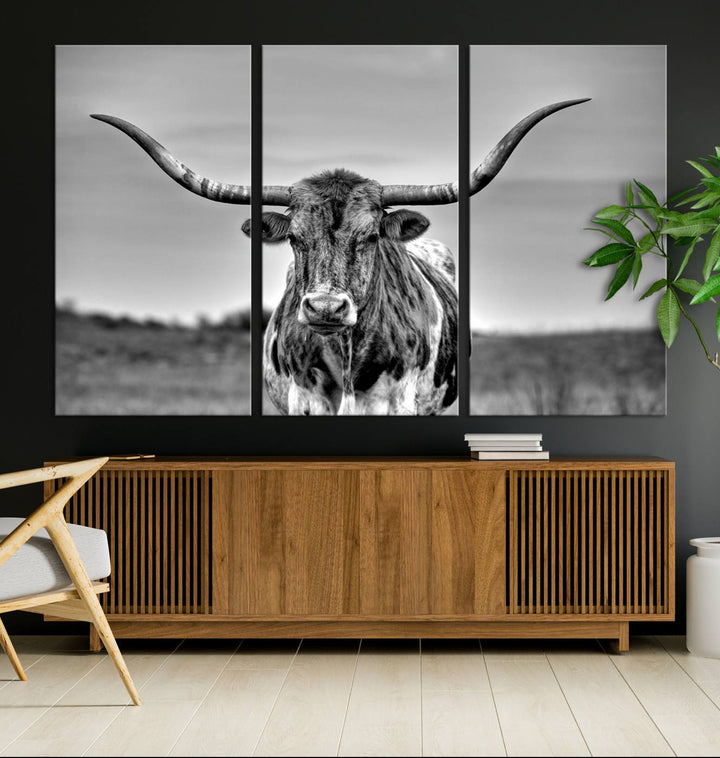 The Texas Longhorn Cow Wall Art, featuring a black and white image of a longhorn bull on canvas, brings charm to the room with its sophisticated appeal.