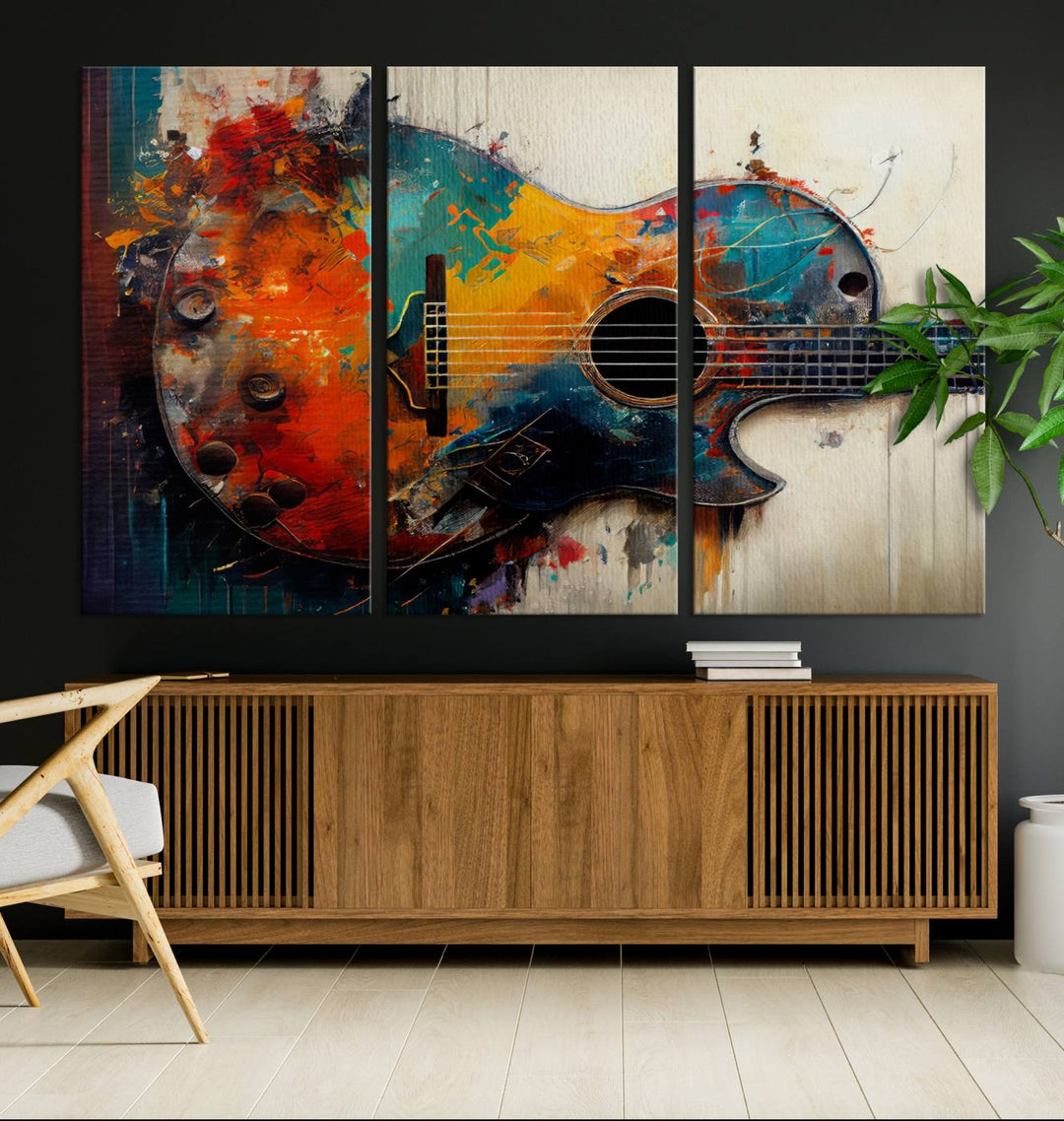 Abstract Guitar Wall Art Canvas | Vibrant Music-Inspired Art for Living Room or Studio | Colorful Music Decor Canvas Print