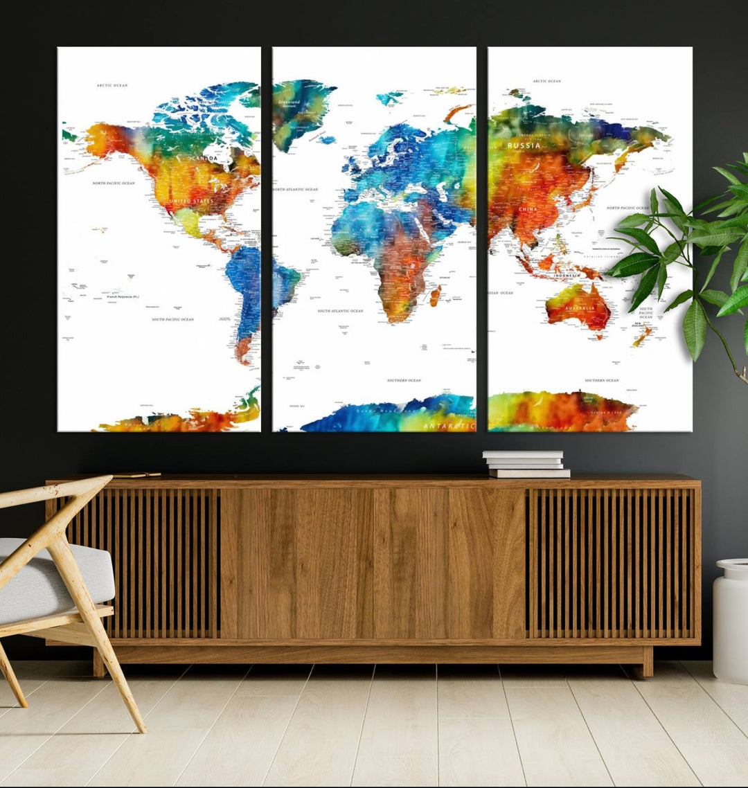 Mixcolor World Map Wall Art Canvas Print, showcasing vibrant colors and a gallery-quality finish.