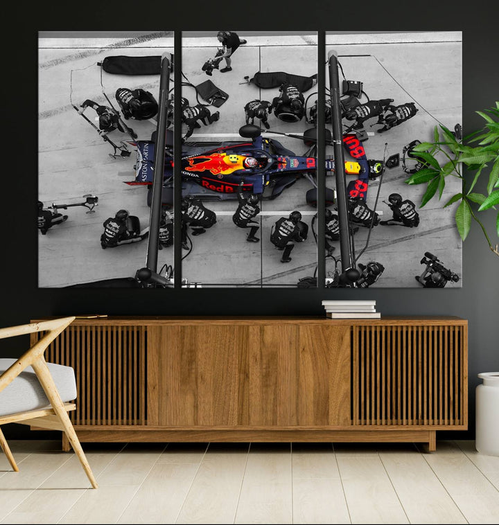 The RedBull Formula 1 Canvas Wall Art Print, a set of three gallery-quality pieces, elegantly adorns the wall.