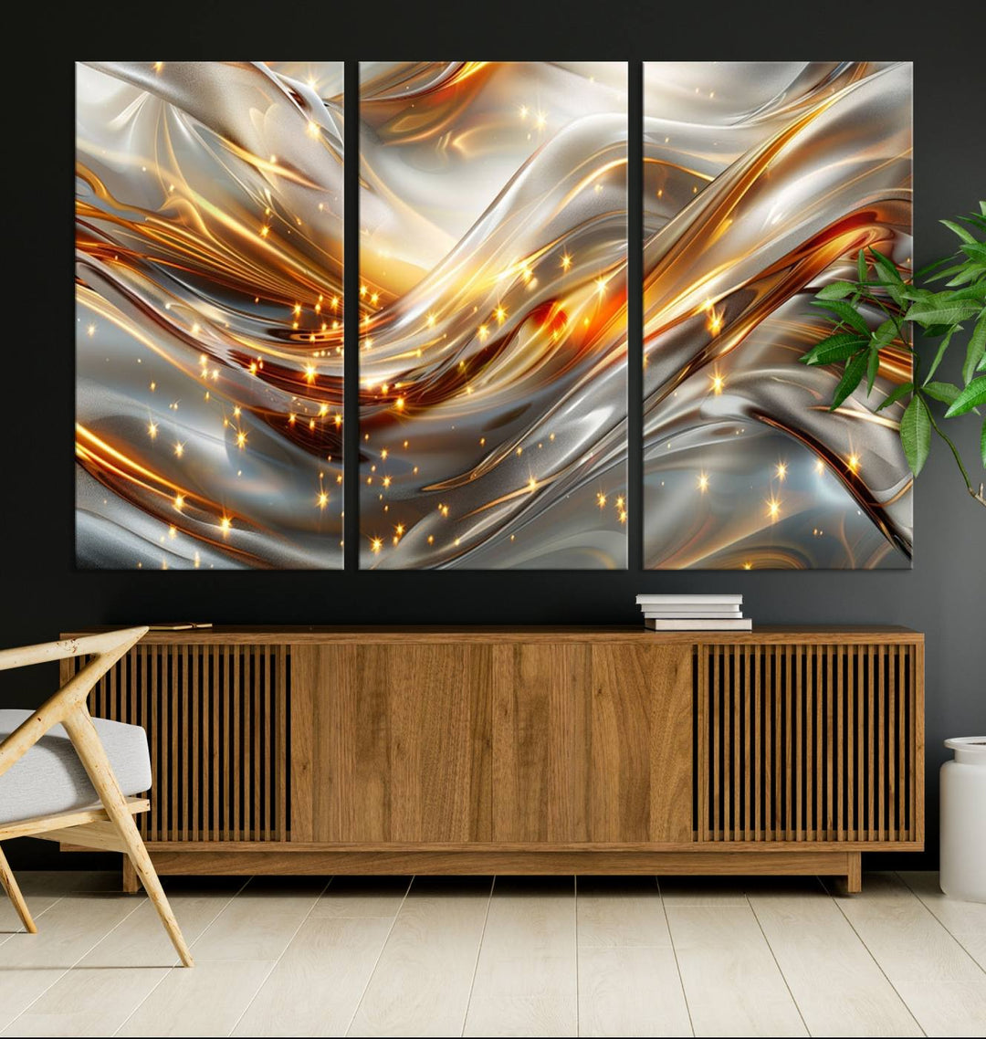 The Elegant Modern Gold Abstract Wall Art - Premium Framed Canvas Print for Home & Office Decor showcases a captivating triptych with swirling metallic designs and golden sparkles, perfectly enhancing contemporary interiors.