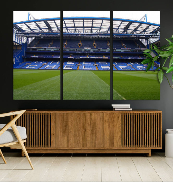 The Chelsea FC Soccer Team Print - Stamford Bridge Stadium Wall Art Canvas Print hangs elegantly, bringing the thrill of the game into your living room.