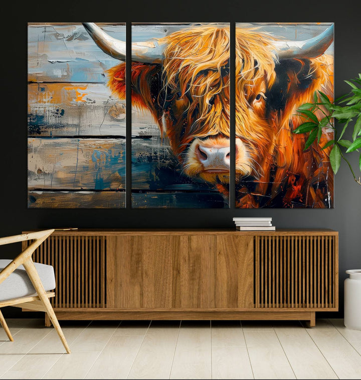 The Highland Cow Abstract Canvas Wall Art, a bold piece of farmhouse rustic decor, adds charm to the modern living room.