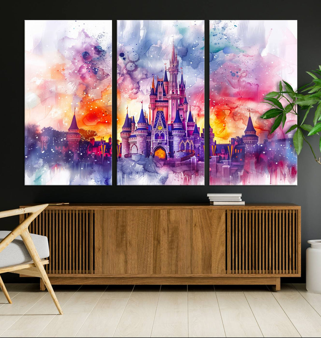 A vibrant piece of wall art depicting the Cinderella Castle from Disneyland, presented as a watercolor painting on premium canvas, is displayed.