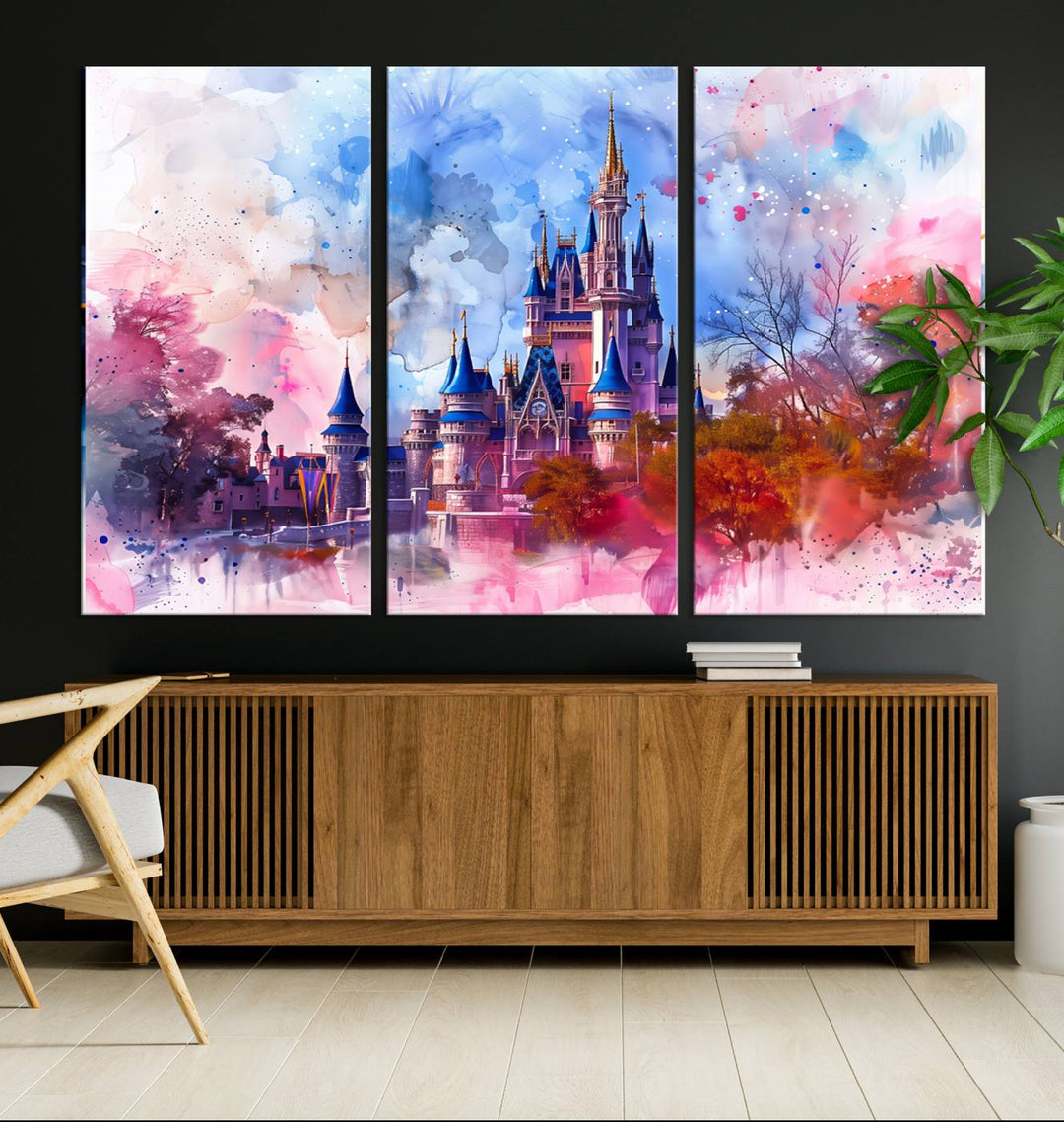 The Disney Wall Art: Dreamy Watercolor Cinderella Castle Canvas Print features a fairy-tale castle with vibrant pink, blue, and purple hues. Expertly handmade in the USA, this premium canvas wall art adds a touch of enchantment to any room.