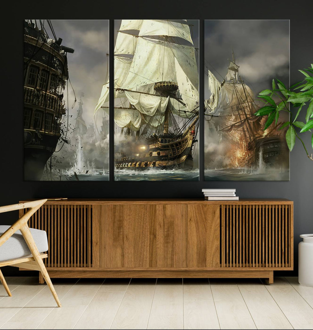 The Pirate Ship War Wall Art Canvas Print, featuring a stunning three-panel depiction of an intense sea battle with tall ships, boasts a gallery-quality finish that adds an elegant touch to its display.