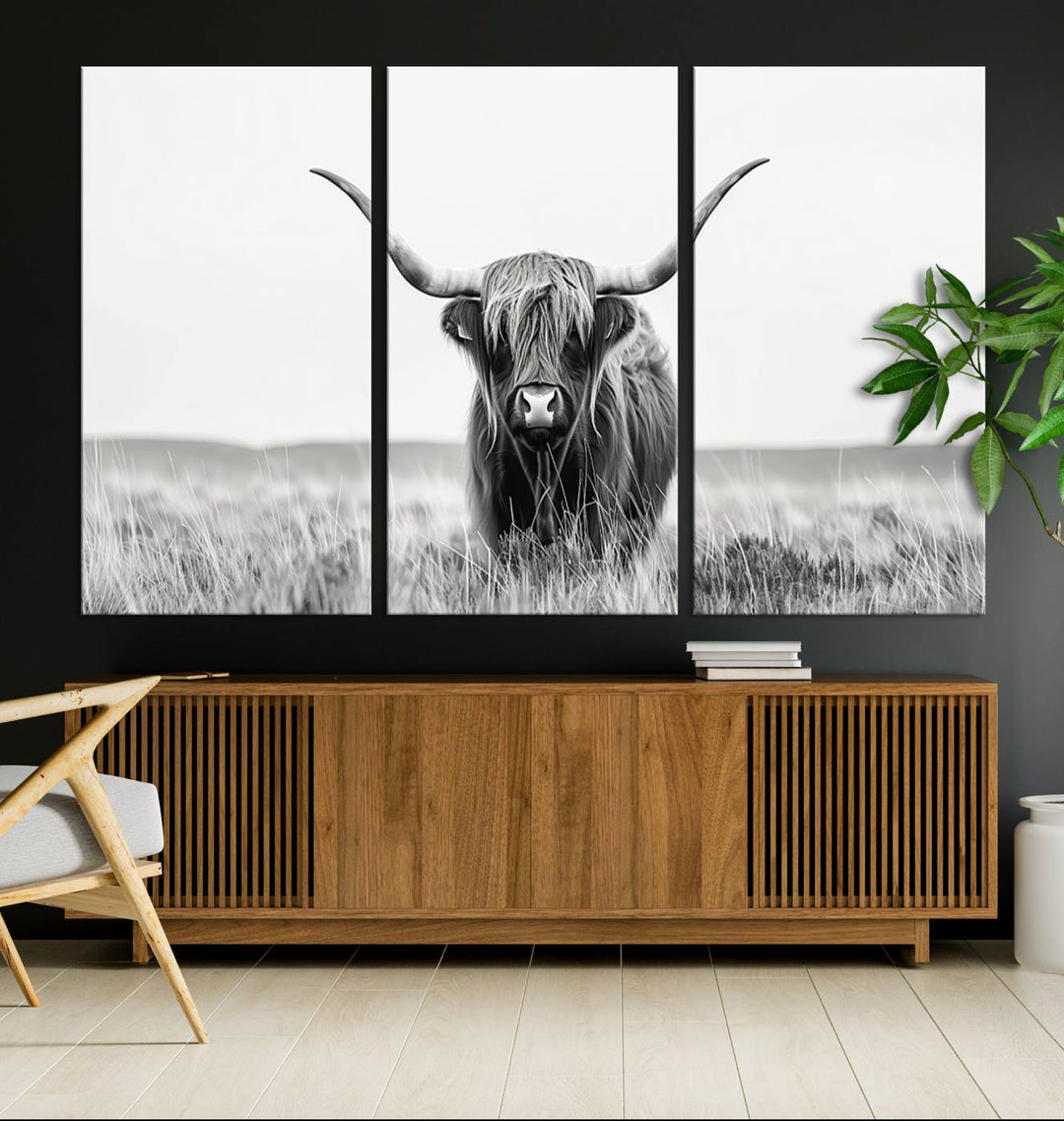 The living room is enhanced by a stunning three-panel Longhorn Wall Art Canvas Print. This museum-quality piece of Texas Longhorn Art comes on a gallery-wrapped canvas with a UV-protective coating to keep it vibrant under everyday light exposure.