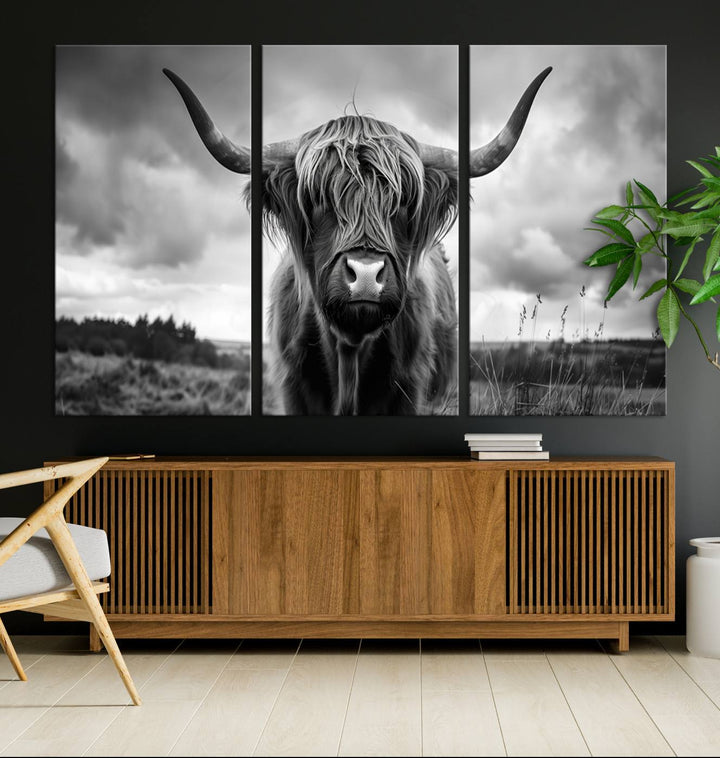 A stunning gallery-quality piece, the "Scottish Cow Wall Art Canvas Print | Longhorn Wall Art | Bighorn Animal Wall Art," depicts a Highland cow with long horns and shaggy fur. This captivating wall art elegantly enhances the space.