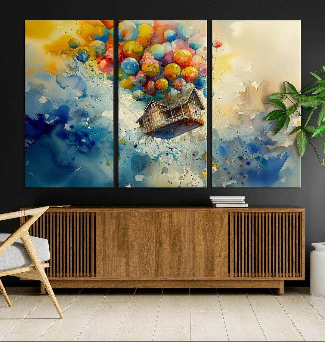 The Cartoon Movie Wall Art Canvas Print, featuring a vibrant house lifted by balloons and split across three panels, serves as captivating wall art. Handmade in the USA, it adds charm and whimsy to any space.