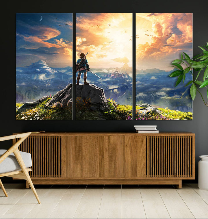 The Legend of Zelda Breath of the Wild Game Wall Art Canvas Print showcases a fantasy landscape with a character on a cliff, all rendered in gallery-quality finish on premium canvas.