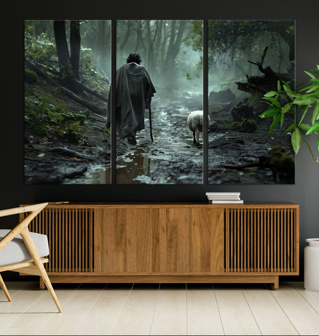 The "Forest Jesus Shepherd Canvas Wall Art" features a person with a cane, clothed in a cloak, walking beside a sheep through a misty forest. This piece captures tranquility and is ideal for adding serenity to your living room, office, or bedroom decor.