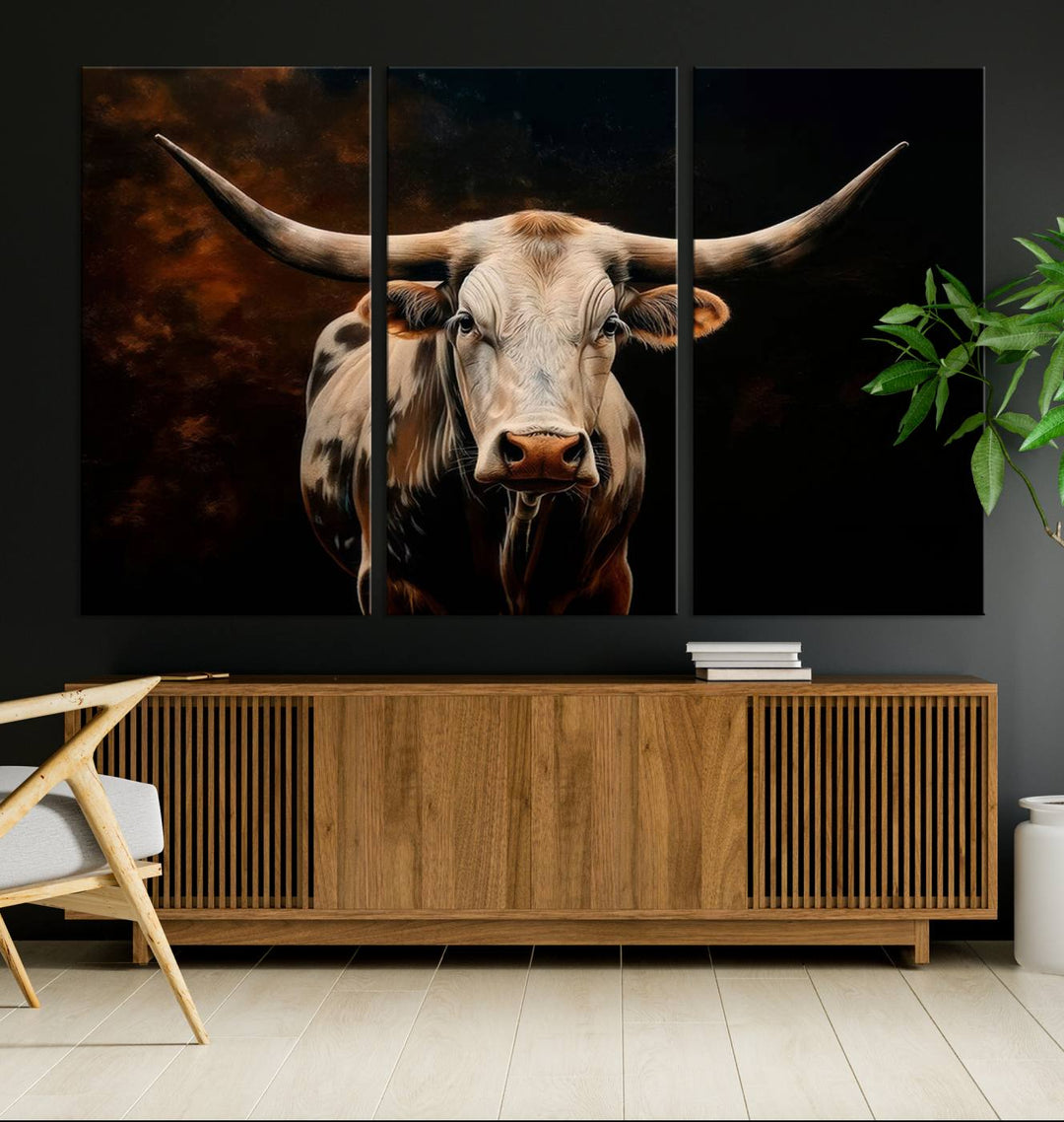 The Texas Longhorn Wall Art, a 3-panel large canvas print, infuses the room with a dash of cowboy charm.